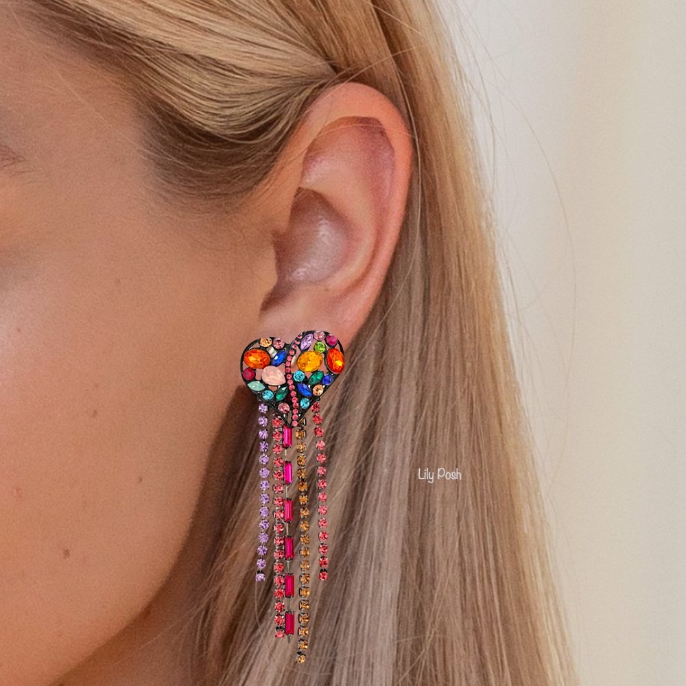 Rhinestone Heart Fringe Statement Earring - Picture 3 of 3